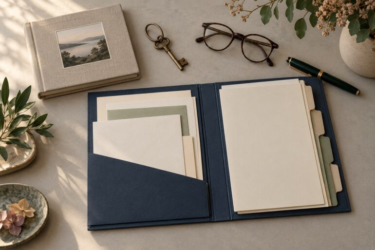 Carpeta de documentos junto a un álbum familiar, unas gafas y una llave antigua; imagen conceptual sobre la organización de una herencia.